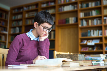 Young woman student reading books and studying in the library