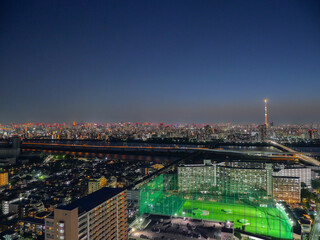 タワーホール船堀の展望台からの荒川と東京都心の夜景