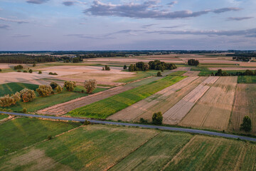 Drone aerial view of rural landscape in Mazowsze region, Poland, drone photo