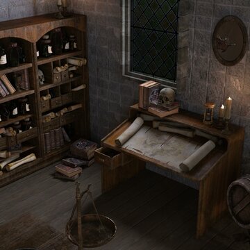 3d-illustration of an empty wizard room or witch lab