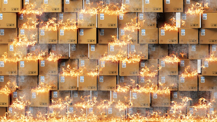 Storage, packing packs or shipping packages on fire, 3d rendering, 3d illustration