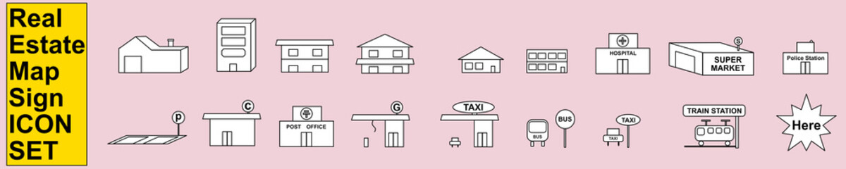 不動産マップ用アイコンセット　賃貸物件　地図　店舗案内　建物　商店　タクシー　ガソリンスタンド　病院