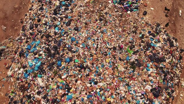 Garbage dump. Greece's plastic trash problem. Global warming problem concept. Aerial view from drone. High quality 4k footage