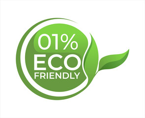 01% Eco friendly circle label sticker Vector illustration with green organic plant leaves. Eco friendly stamp icon.