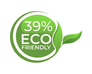 39% Eco friendly circle label sticker Vector illustration with green organic plant leaves. Eco friendly stamp icon.