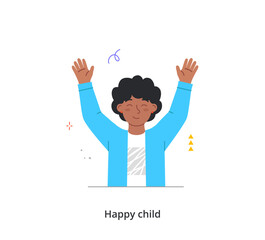 Happy kid raising and waving hands. Cute little girl raises her palms up and smiles. Child with positive emotions. Active preschooler shows gestures. Cartoon flat vector illustration in doodle style