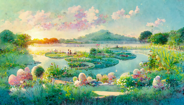 Dreamy and beautiful landscape, peaceful, morning light, cinematic, relaxing summer, garden, nature, sunrising over the lake children's illustration, pastel colors