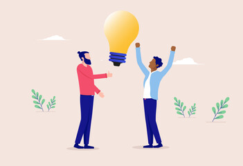 Great idea - Two business people in casual clothes comping up with ideas and being happy. Innovation work concept. Flat design vector illustration