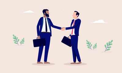 Businessmen handshake - Two businesspeople with different ethnicities shaking hands over deal and agreement. Flat design vector illustration