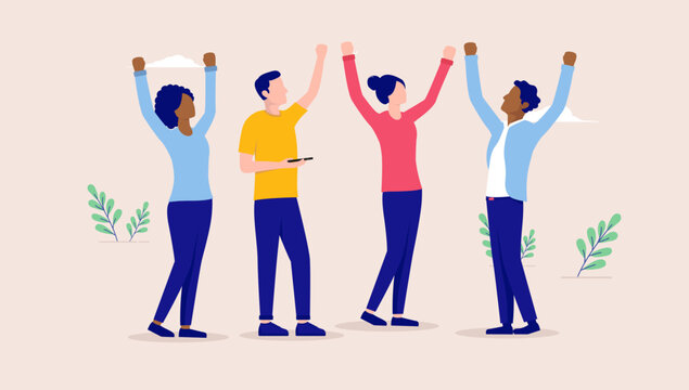 Happy diverse team of businesspeople cheering - People of different ethnicities in casual clothing celebrating cheerful with raised hands. Flat design vector illustration