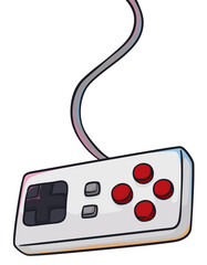 Classic videogame controller hanging in a cord in cartoon style, Vector illustration