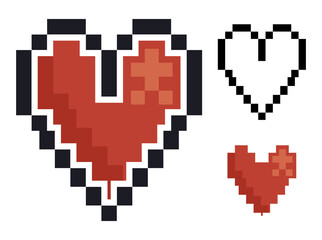 Hearts in pixel art for retro video gaming, Vector illustration