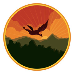 Button with video game scene of flying monster, Vector illustration