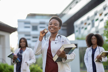 Medical doctor Medical Student holding books and stethoscope whiles smiling to the camera. Medical School graduation