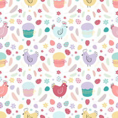 seamless pattern Easter  with cupcakes and Chickens 