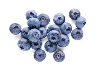 Pile of tasty fresh ripe blueberries on white background, top view