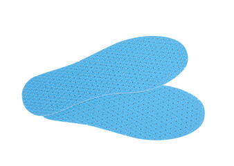 Pair of insoles on white background, top view
