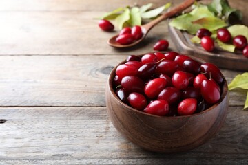 Fresh ripe dogwood berries on wooden table, space for text