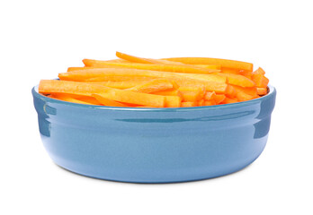 Bowl of delicious carrot sticks isolated on white
