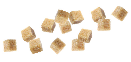 Flying cubes of brown sugar on white background. Banner design