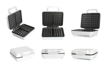 Set with modern electric waffle makers on white background