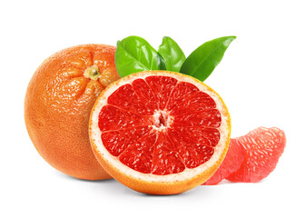 Tasty ripe grapefruits and green leaves on white background