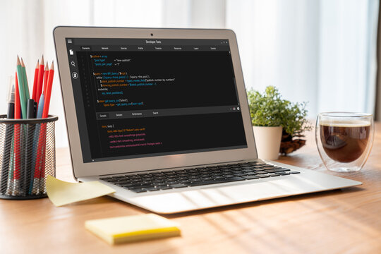 Software development programming on computer screen for modish application and program coding