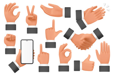 3d hands of businessman with different gestures set vector illustration. Arm pointing direction with finger, holding phone and fist, showing okay and victory sign, collection isolated on white