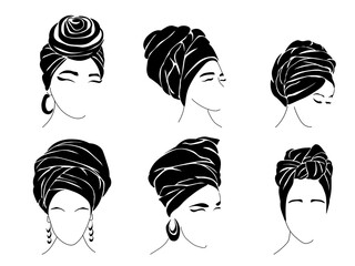 Set of silhouettes of women in traditional headwear scarf turban - obrazy, fototapety, plakaty