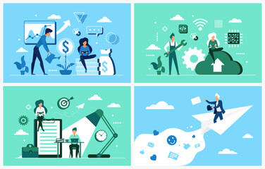Busy business people work on future plan and career set. Cartoon businessman flying on paper plane, teamwork on money plant growth and success company change flat vector illustration. Vision concept