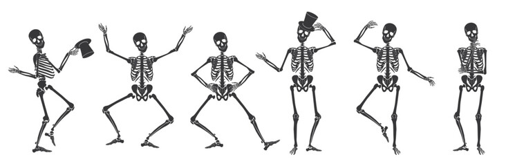 Dancing Human bones skeletons. Different skeleton poses set isolated vector illustration - obrazy, fototapety, plakaty