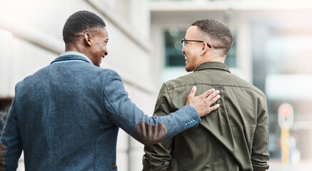 Support, trust and motivation between friends, coworkers and casual men feeling happy about job opportunity or promotion while walking in city during lunch break. Proud guy congratulating his buddy - obrazy, fototapety, plakaty