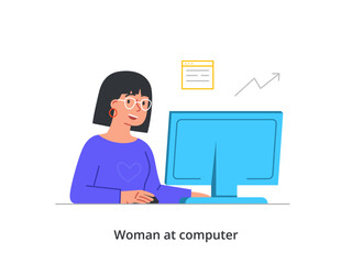 Office work, coworking or freelance concept. Smiling woman works on computer and develops company. Employee performs project for financial growth. Cartoon flat vector illustration in doodle style