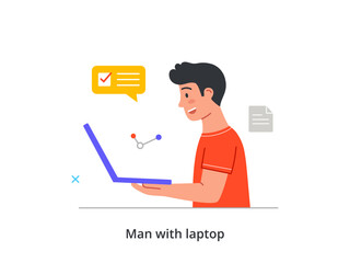 Office work, coworking or freelance concept. Man hold laptop and performs business task. Work planning and time management. Productive remote employee. Cartoon flat vector illustration in doodle style