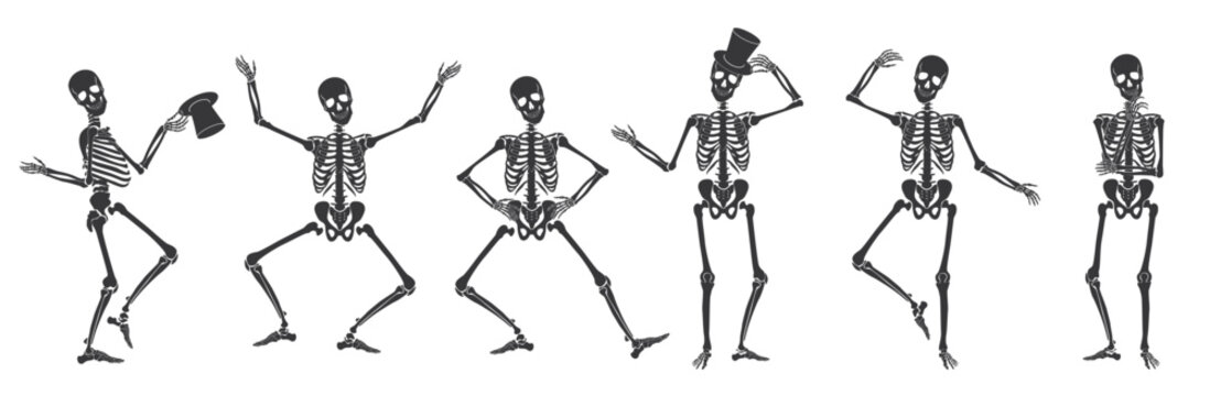 Dancing Human bones skeletons. Different skeleton poses set isolated vector illustration