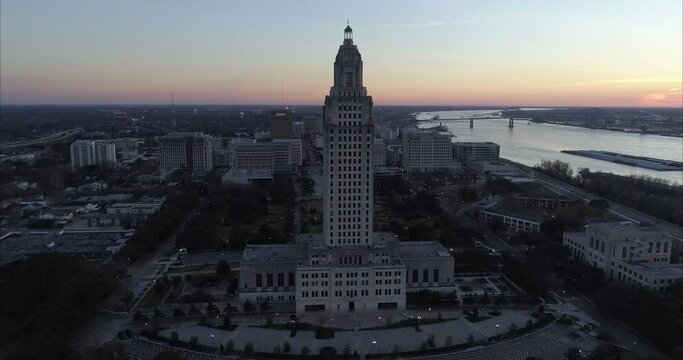 Baton Rouge, Louisiana State Capitol Sunset Drone