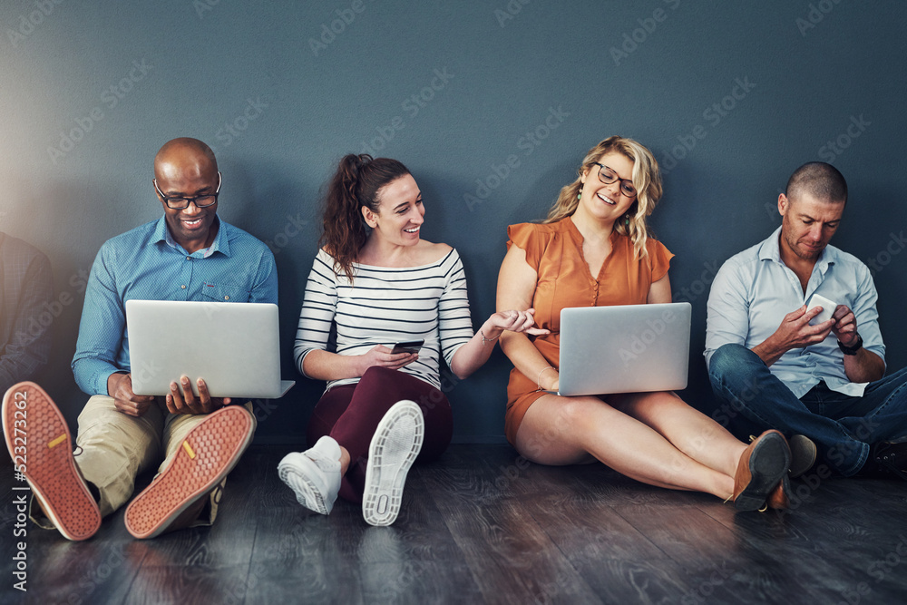 Aufkleber diverse modern group of business people sitting on social media networking apps on their digital dev