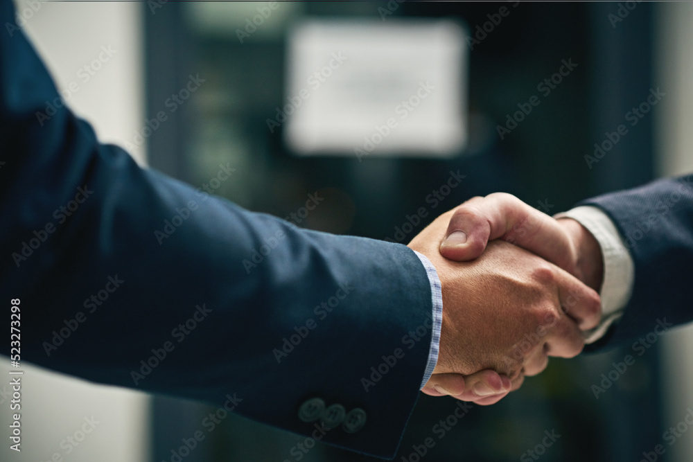 Poster Handshake, deal and successful merger closeup after agreement. Professional people building a career and relationship with trust. Formal business gesture after meeting or welcome greeting.