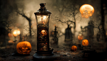 Lanterns illuminate the spirits on Halloween night. Halloween Pumpkins in Scary Cemetery. realistic halloween festival illustration. Halloween night pictures for wall paper or computer screen.