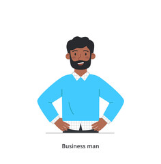 Smiling business character. Bearded man in stylish office clothes. African American company employee, leader or entrepreneur. Successful character. Cartoon flat vector illustration in doodle style