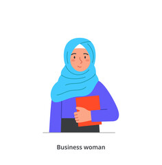 Smiling business character. Happy woman in traditional Muslim hijab holds folder with company documents. Successful employee, manager or entrepreneur. Cartoon flat vector illustration in doodle style