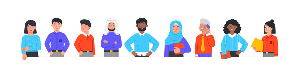 Multinational business team. Set of male and female entrepreneurs of different ages, ethnicities and religions. Tolerant partnership. Cartoon flat vector collection isolated on white background