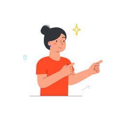 Person pointing their fingers. Young smiling woman points with her hands at something from above. Advertising, marketing or user and client engagement. Cartoon flat vector illustration in doodle style