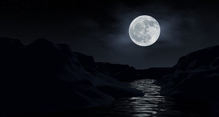 Big moon in the mountains, snow mountain. illustration of a beautiful dark mountain landscape with fog. 3D Rendering.