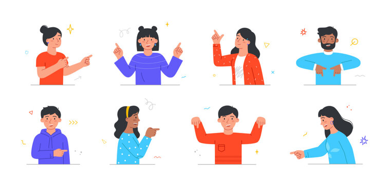 Set Of People Pointing Their Fingers. Young Men And Women Show Something With Palms From Above, Below, Side, In Front, To Right Or To Left. Cartoon Flat Vector Collection Isolated On White Background