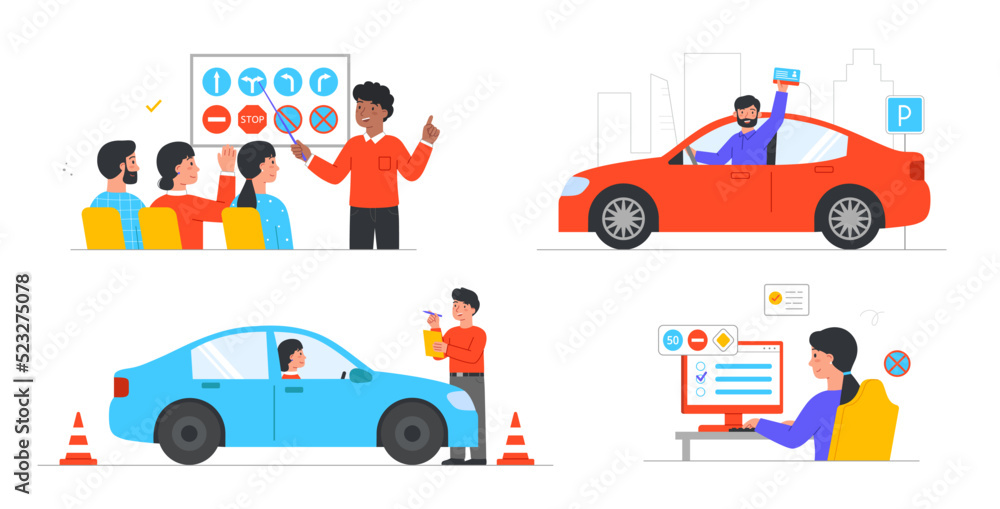 Wall mural stage of education process in driving school. set of characters receive driver license, take online 