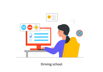 Education process in driving school. Young smiling woman takes online test on computer, answers questions and studies traffic rules or signs. Cartoon flat vector illustration in doodle style