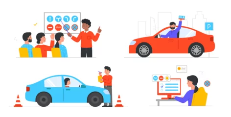 Foto op Canvas Stage of education process in driving school. Set of characters receive driver license, take online test, pass exam with instructor at circuit and study rules of road. Cartoon flat vector collection © Rudzhan