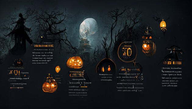 Infographic background illustration for halloween festival. Halloween Pumpkins in Scary Cemetery. realistic halloween festival illustration. Halloween night pictures for wall paper or computer screen.