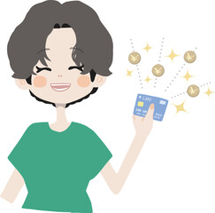 お金があって嬉しい表情の女の子のイラスト（クレジットカードバージョン）